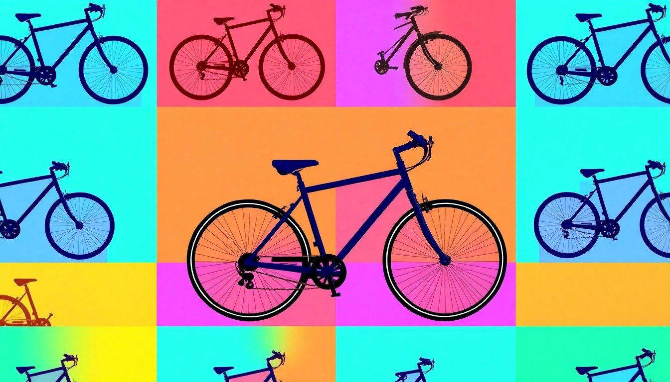 A brightly colored, high-contrast silkscreen print of a bicycle icon repeated in a tight grid pattern, in the style of Andy Warhol. The image utilizes flat, vibrant, and unnatural neon color palettes overlapping with heavy black photographic outlines to turn the bicycle into a modern pop art symbol.