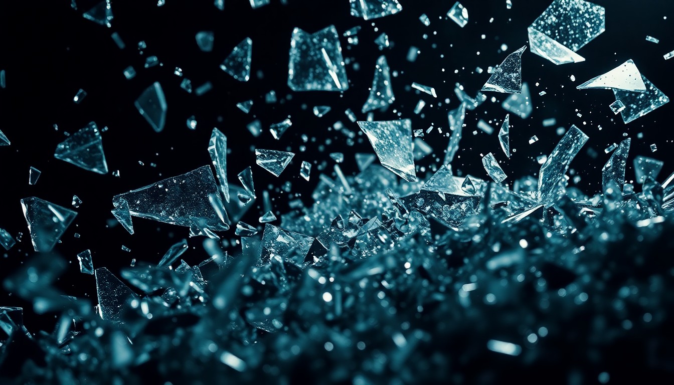 An abstract close-up image of shattered glass and metal fragments, captured in dramatic, high-contrast studio lighting to create a conceptual representation of the violent uncertainty and destruction of modern warfare.