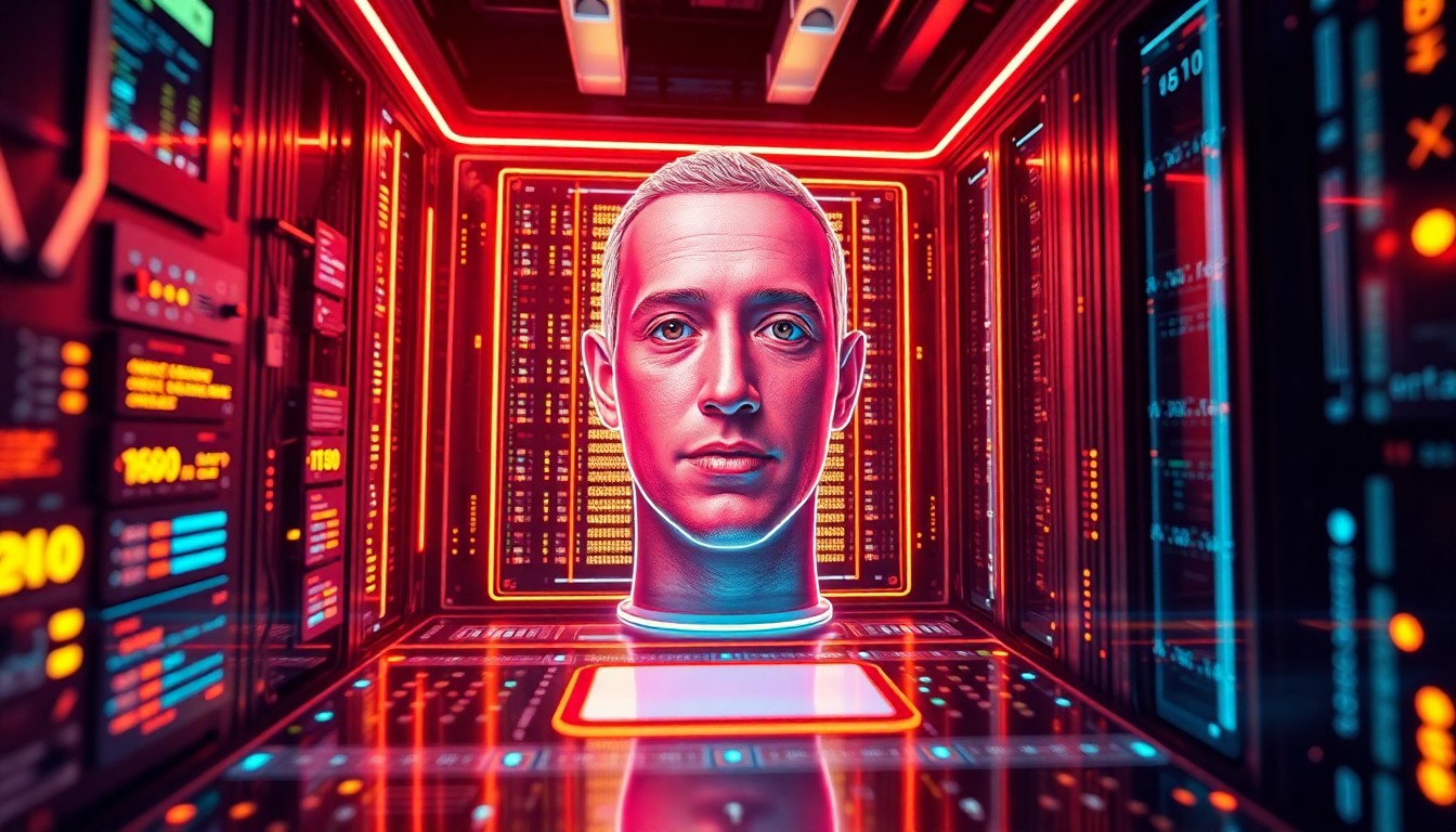 A highly detailed, glowing 3D macro illustration of a futuristic, neon-lit AI control panel or data center infrastructure, representing the complex technological systems behind Meta's efforts to create a photorealistic AI clone.