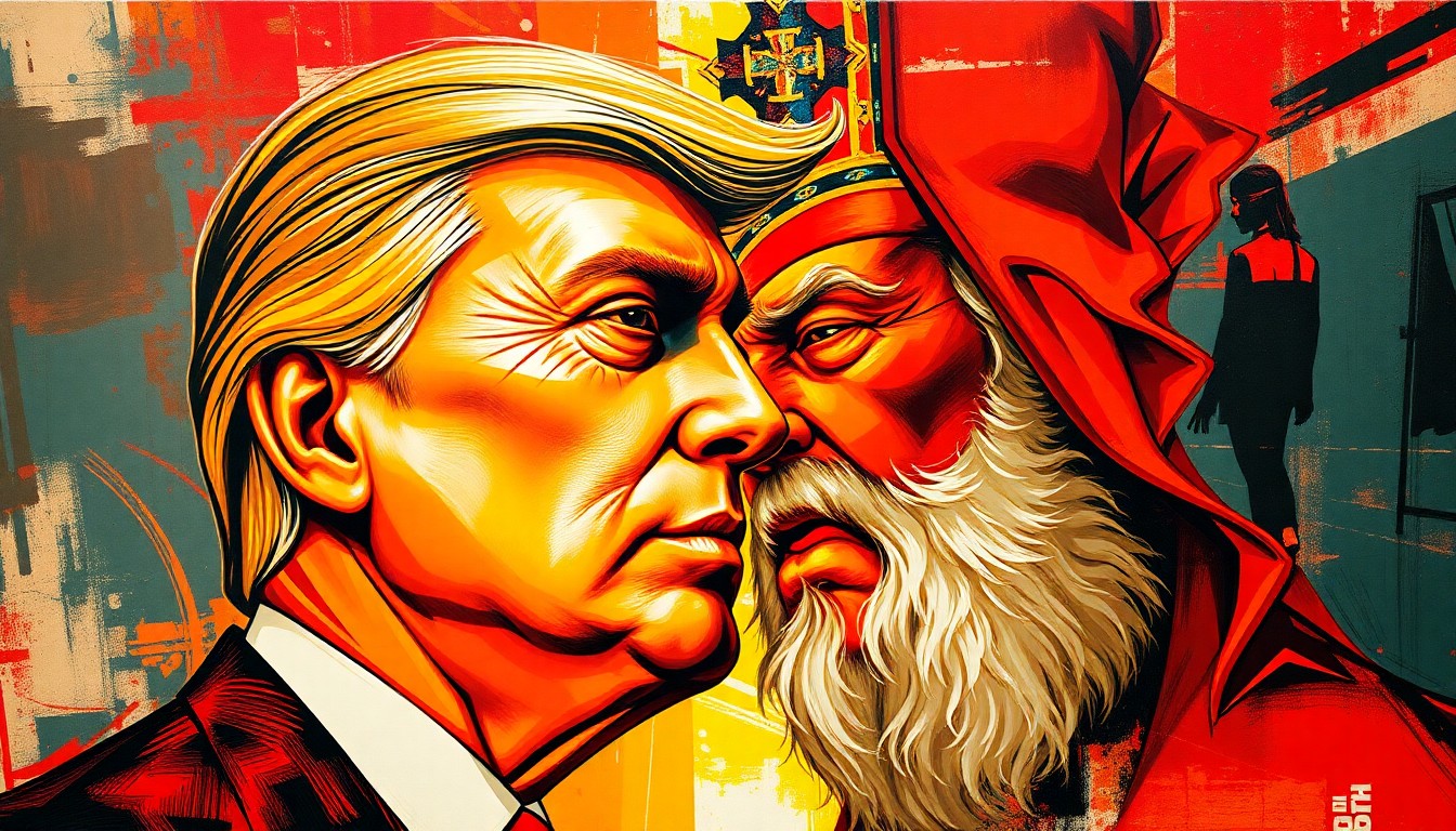 An abstract, fragmented painting in bold, fiery colors depicting the overlapping, clashing forms of a politician and a religious figure, symbolizing the tension and conflict between the two.