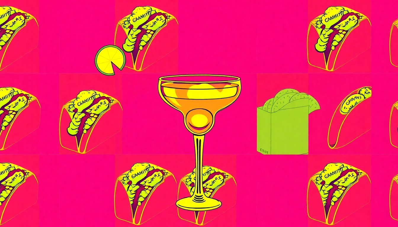 A high-contrast, silkscreen-style illustration of a margarita glass repeated in a grid pattern, using vibrant neon colors and bold black outlines to create a modern, pop art interpretation of a Mexican cocktail.