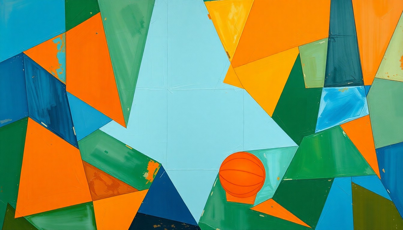 A fractured, multi-perspective painting depicting the action and movement of a college basketball game, with sharp, overlapping geometric shapes in a vibrant color palette representing the energy and potential of Colorado's young core.