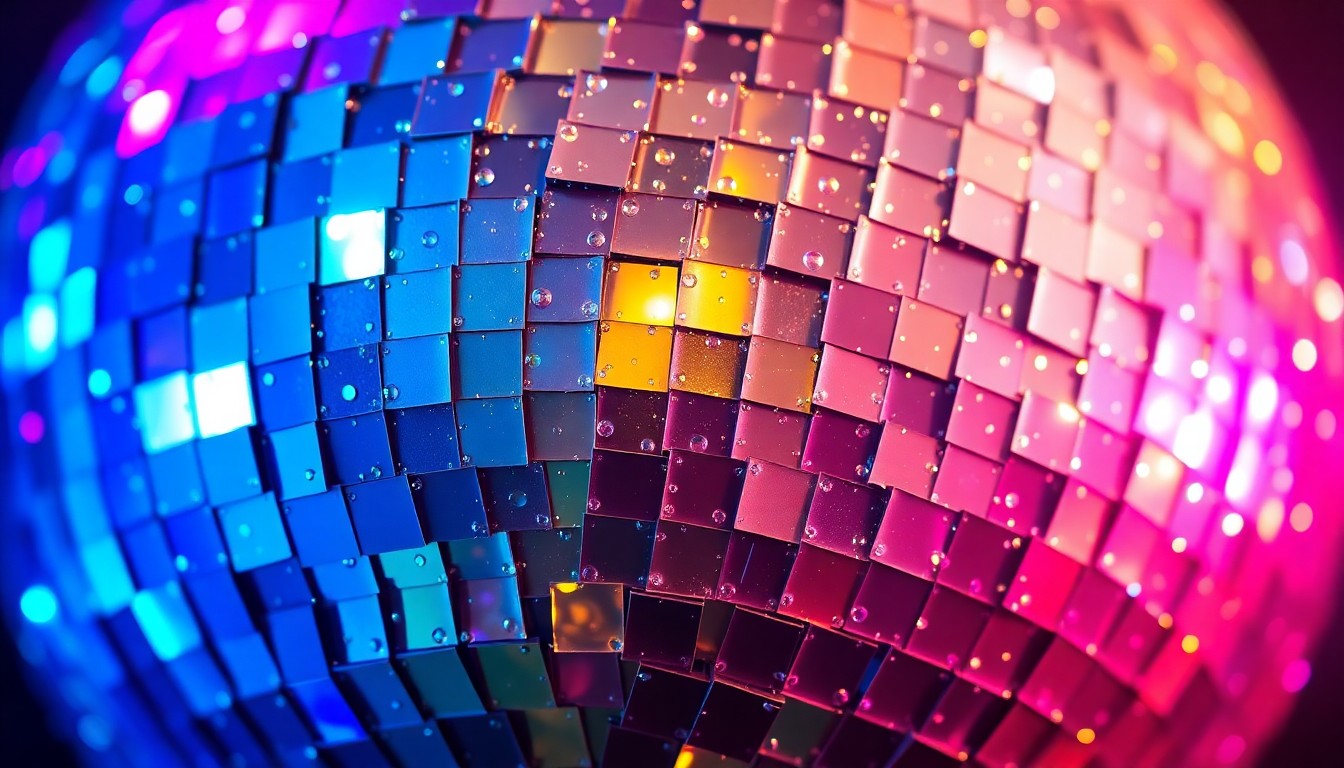 An extreme close-up photograph of shattered disco ball fragments reflecting a kaleidoscope of colorful lights, conceptually representing the glittering, high-energy dance floor aesthetic of Jessie Ware's new album.