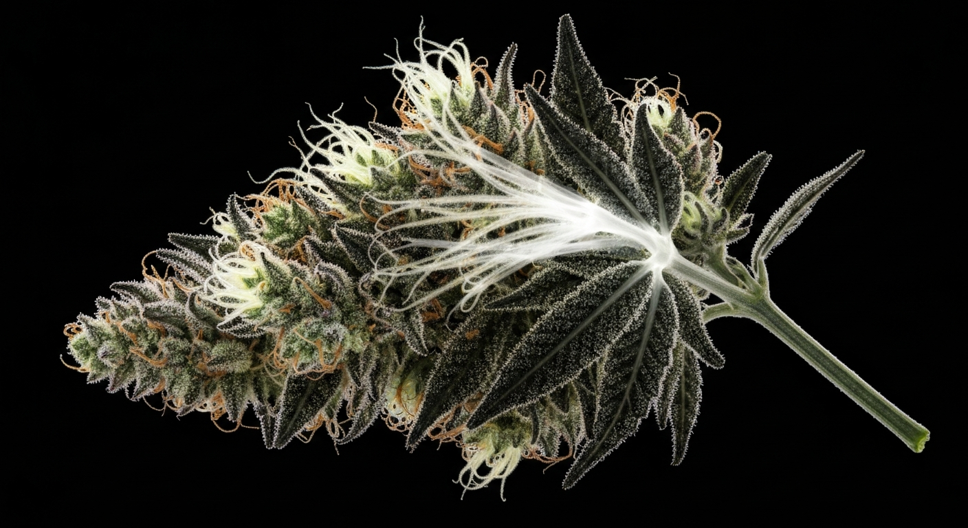 A highly detailed, translucent X-ray photograph showing the intricate internal structure of a medical marijuana flower bud, its delicate filaments and veins glowing against a dark background.