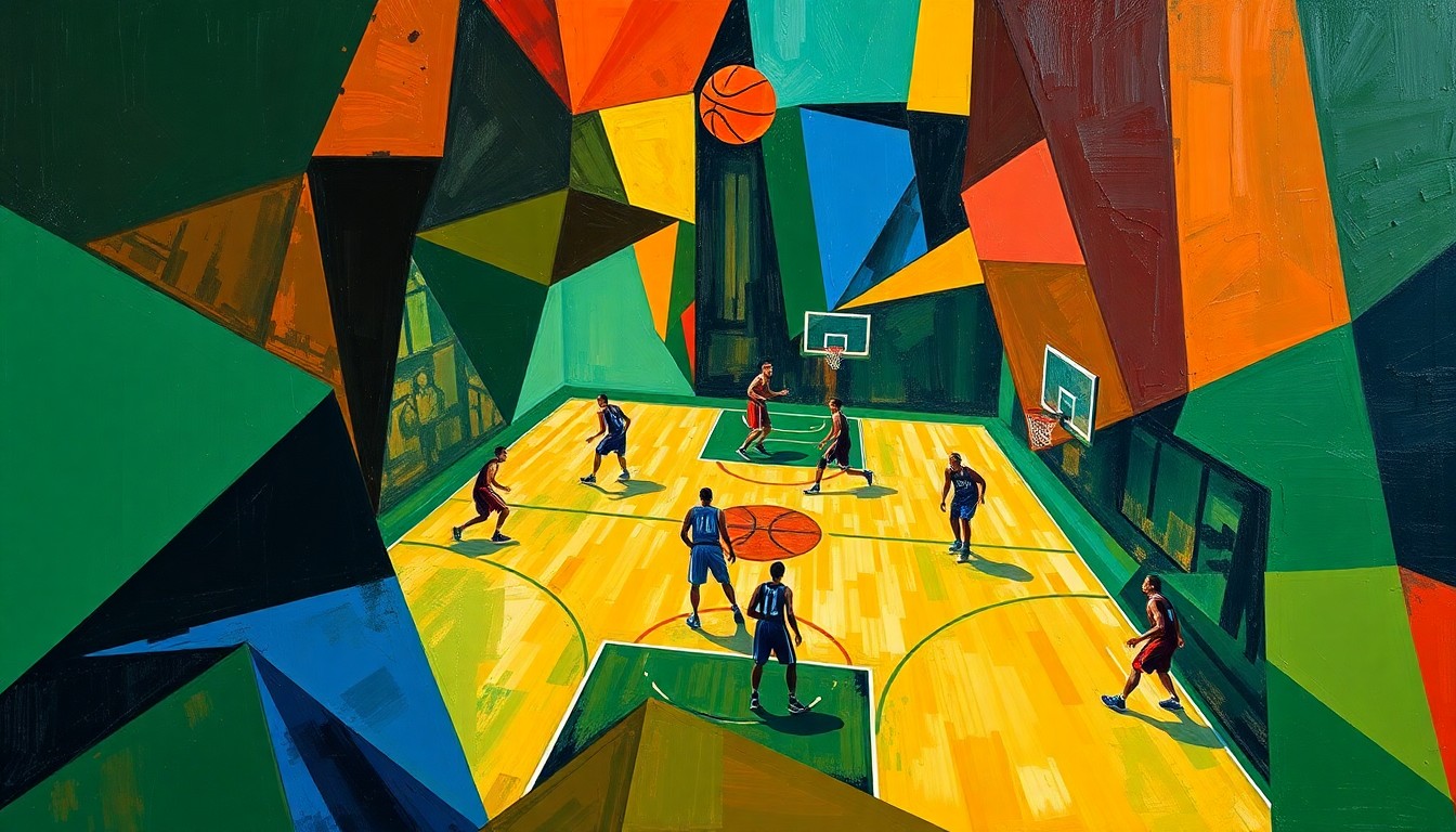 A cubist, geometric painting depicting a fragmented basketball game, with players and court reduced to angular, abstracted forms in a vibrant color palette.