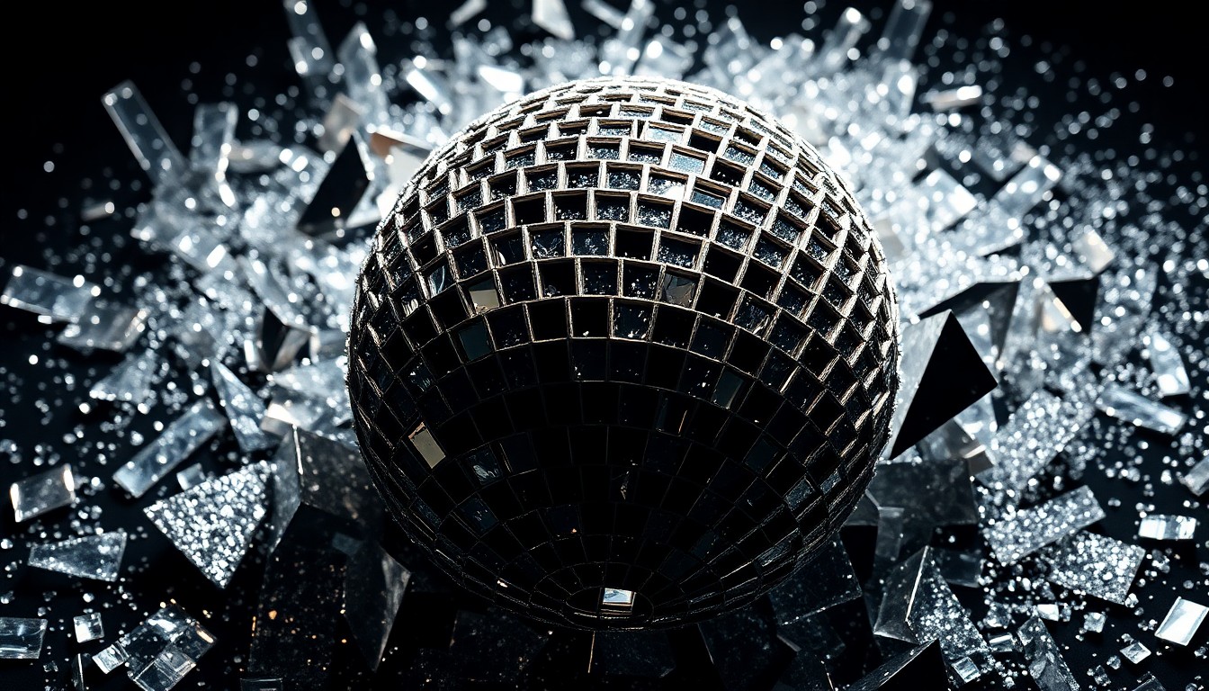 An extreme close-up photograph of shattered, glittering disco ball fragments in high-contrast studio lighting, conceptually representing the glamour and spectacle of a major music festival performance.