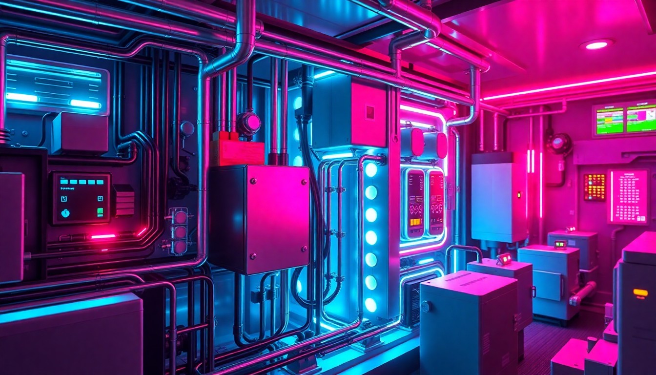 A highly detailed, glowing 3D illustration of the complex cybernetic infrastructure powering the battery-electric systems of a cruise ship, with neon cyan and magenta lights illuminating the intricate hardware.