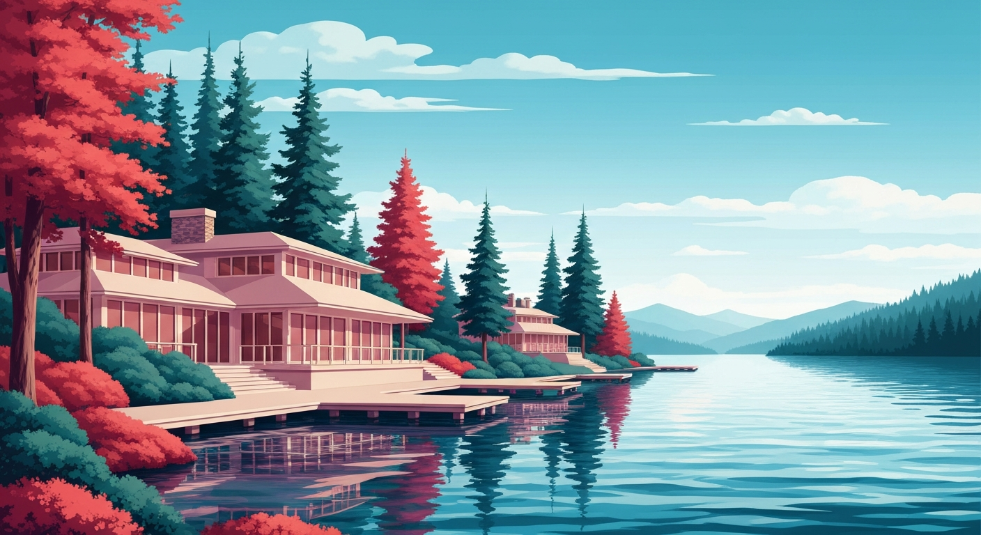 A bold, geometric illustration in shades of blue and green depicting the grand scale and architectural elegance of a luxury Catskills lakefront retreat, conveying a sense of elevated comfort and natural tranquility.