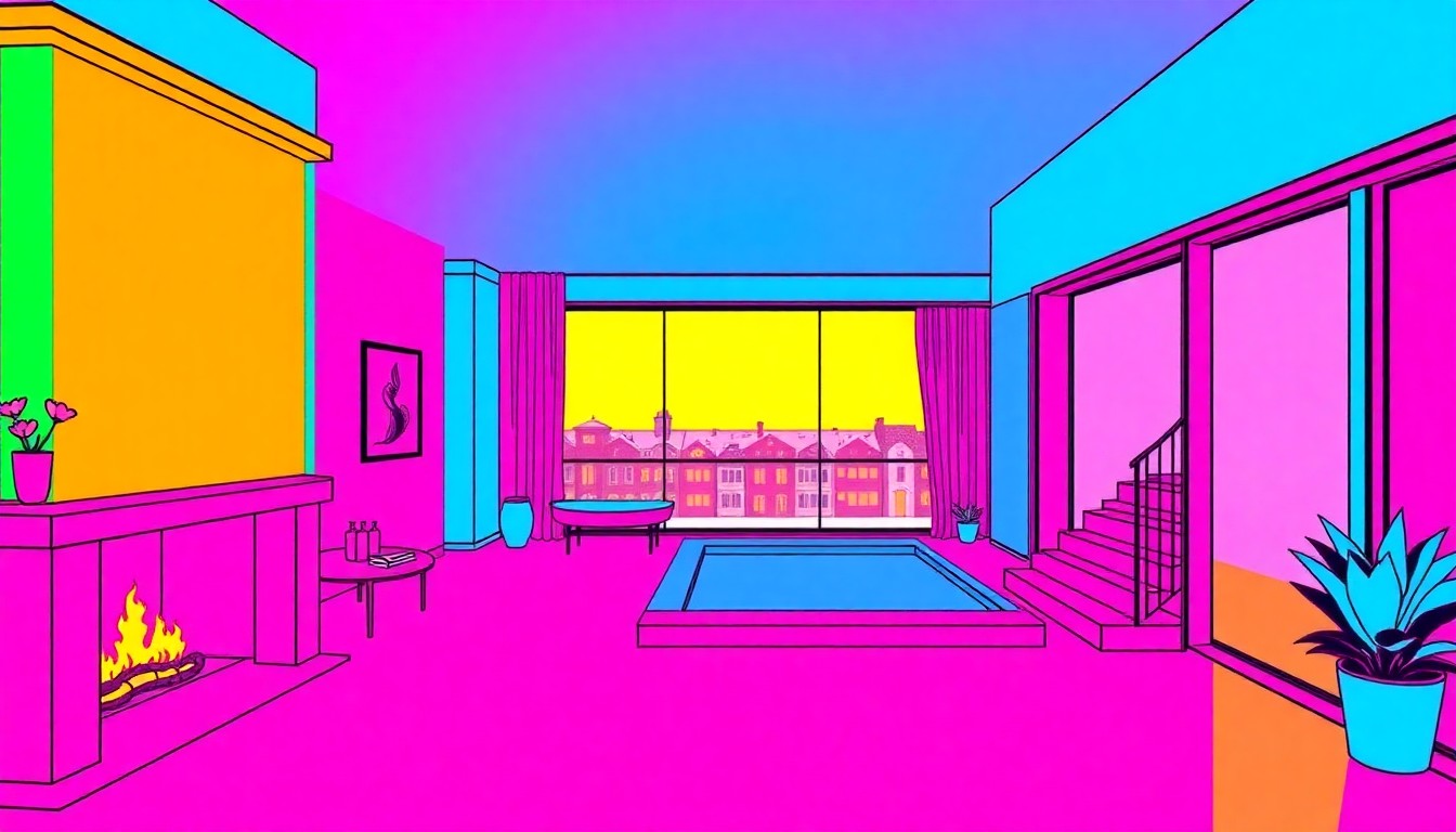 A high-contrast silkscreen print in vibrant neon colors depicting a repeated image of a luxury townhouse rooftop pool, conceptually representing the exclusivity and opulence of this one-of-a-kind Manhattan property.
