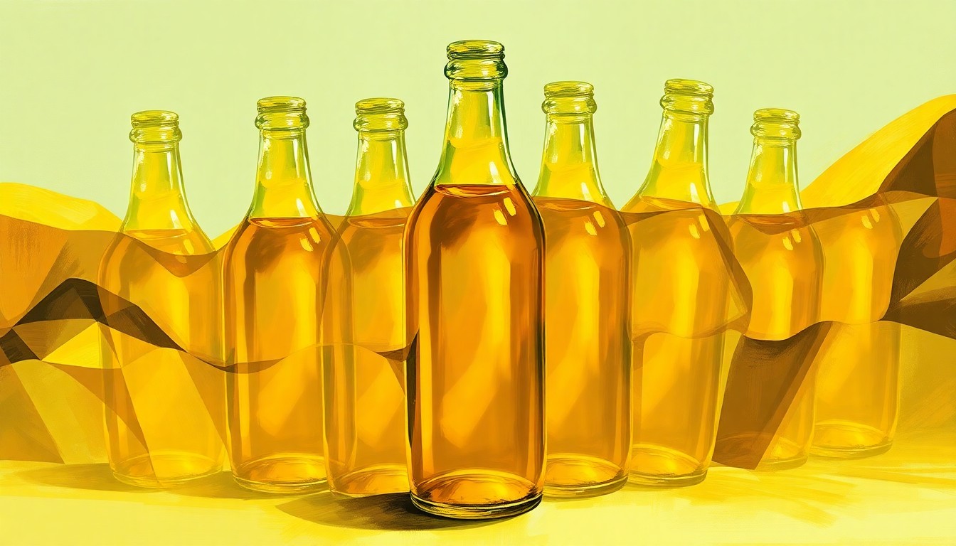 A dynamic, abstract painting of a glass bottle filled with a golden liquid, repeated in overlapping, fractured geometric shapes in earthy green, amber, and ochre colors, conceptually representing the legal battle over hemp-derived THC beverages.