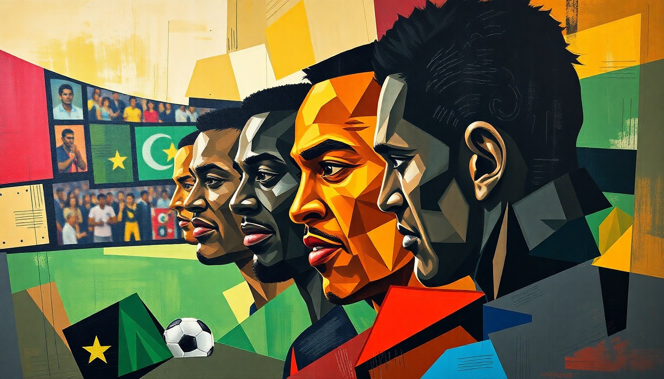 A cubist, geometric painting depicting the Ghana national football team in fragmented, overlapping shapes and planes, capturing the team's preparations for the upcoming World Cup under new manager Carlos Quieroz.