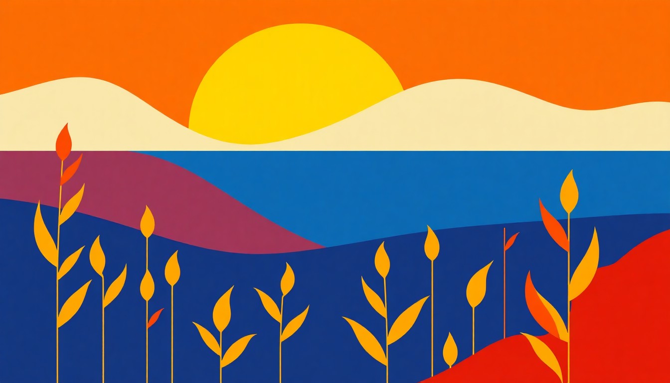 A geometric abstract illustration using bold shapes and primary colors to conceptually represent the economic challenges facing Midwest soybean farmers, including high input costs, low crop prices, and global oversupply.