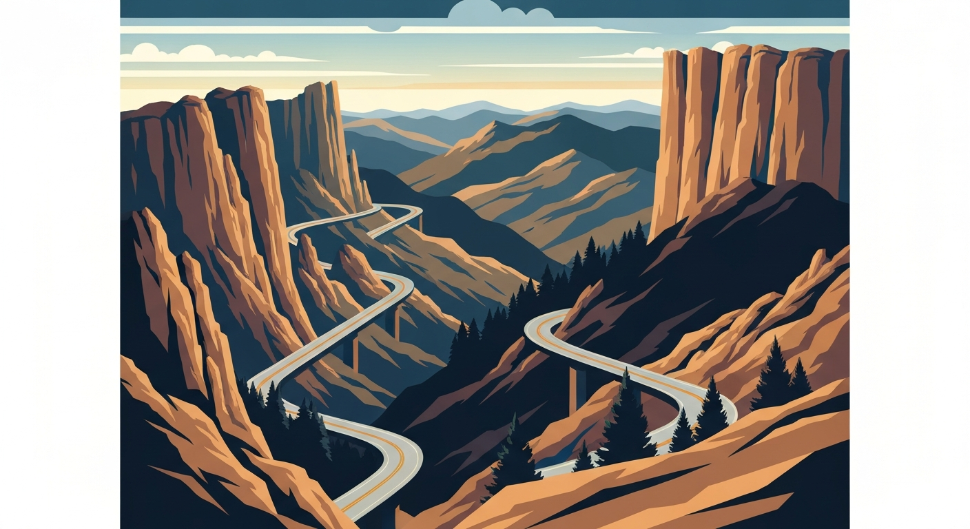 A bold, geometric illustration in the Art Deco style depicting the sweeping vistas of the Black Hills, with towering rock formations and winding mountain roads rendered in a sleek, streamlined manner without any text or identifiable elements.