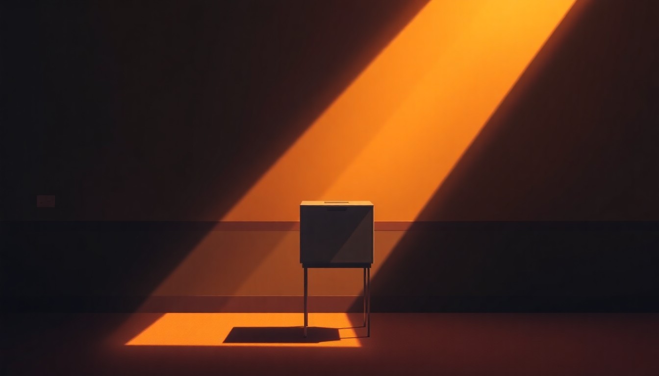 A serene, photorealistic painting of a lone voting booth or ballot box placed in an empty urban setting, with warm, directional lighting casting deep shadows and creating a contemplative, nostalgic mood.