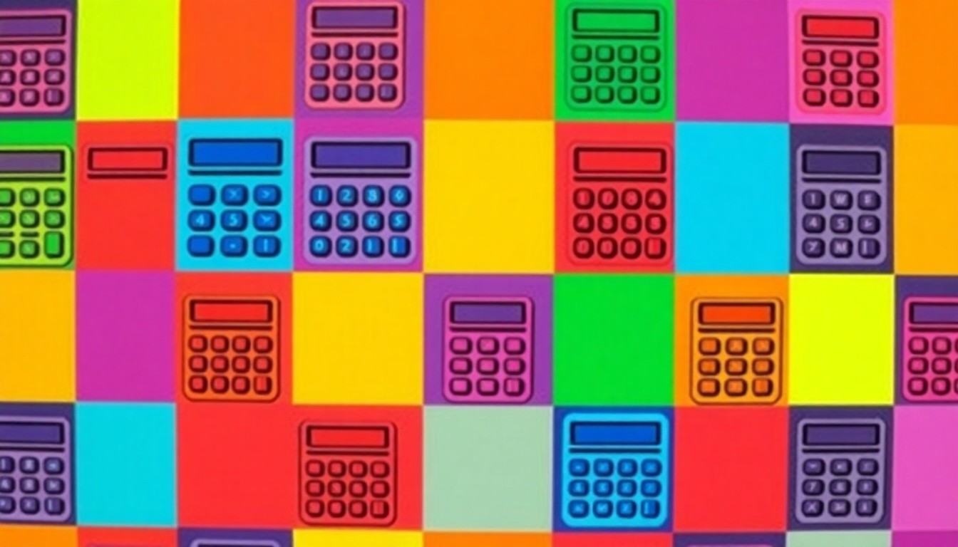 A brightly colored, high-contrast silkscreen print of a calculator icon repeated in a tight grid pattern, capturing the energy and creativity of the American Heritage Delray Beach students' mathematical achievements.