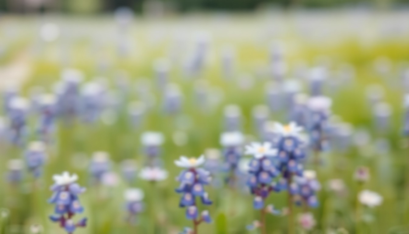 An abstract, out-of-focus photograph showing a field of blurred bluebonnet flowers in shades of blue, purple, and lavender, creating a soft, hazy, and dreamlike visual representation of the iconic Texas bloom.