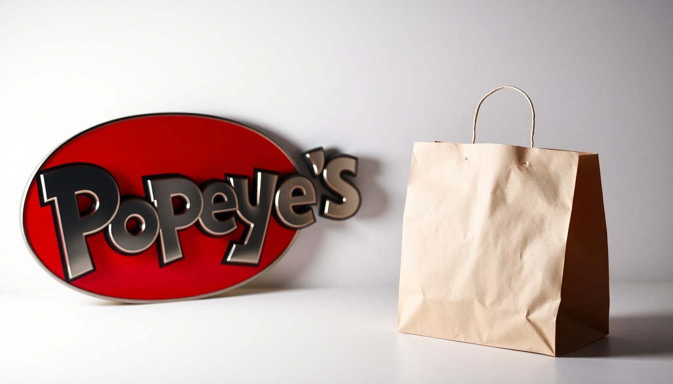 A high-end studio photograph featuring a polished metal Popeye's logo and a crisp paper takeout bag, representing the strategic business move behind the new restaurant opening in Secaucus.