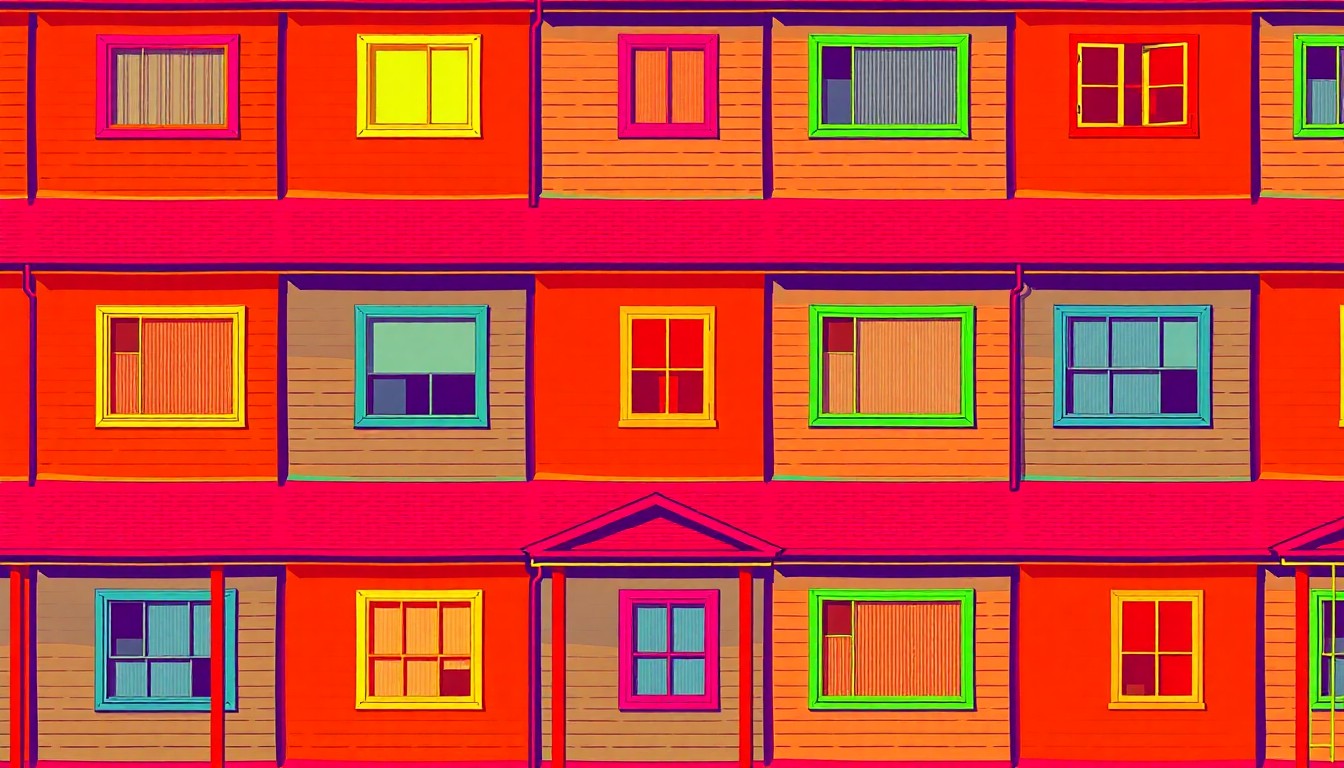 A repeating grid pattern of a single, iconic Slavic Village home detail rendered in a high-contrast, silkscreen pop art style using vibrant neon colors and heavy black outlines, conceptually representing the neighborhood's residential renewal.