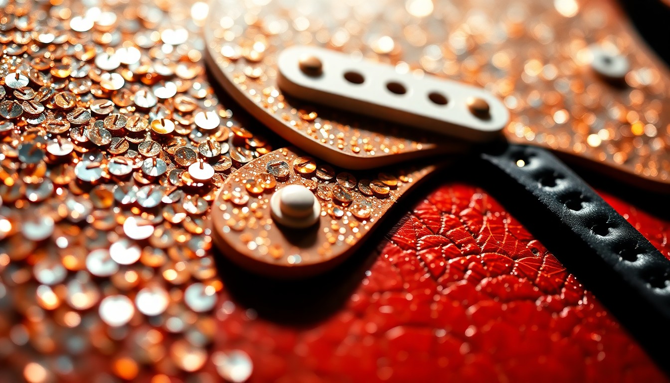 An extreme close-up photograph of shimmering, textured materials like sequins and guitar strings, captured in dramatic high-contrast studio lighting to create a glamorous, high-fashion aesthetic representing the intimate country music performance.