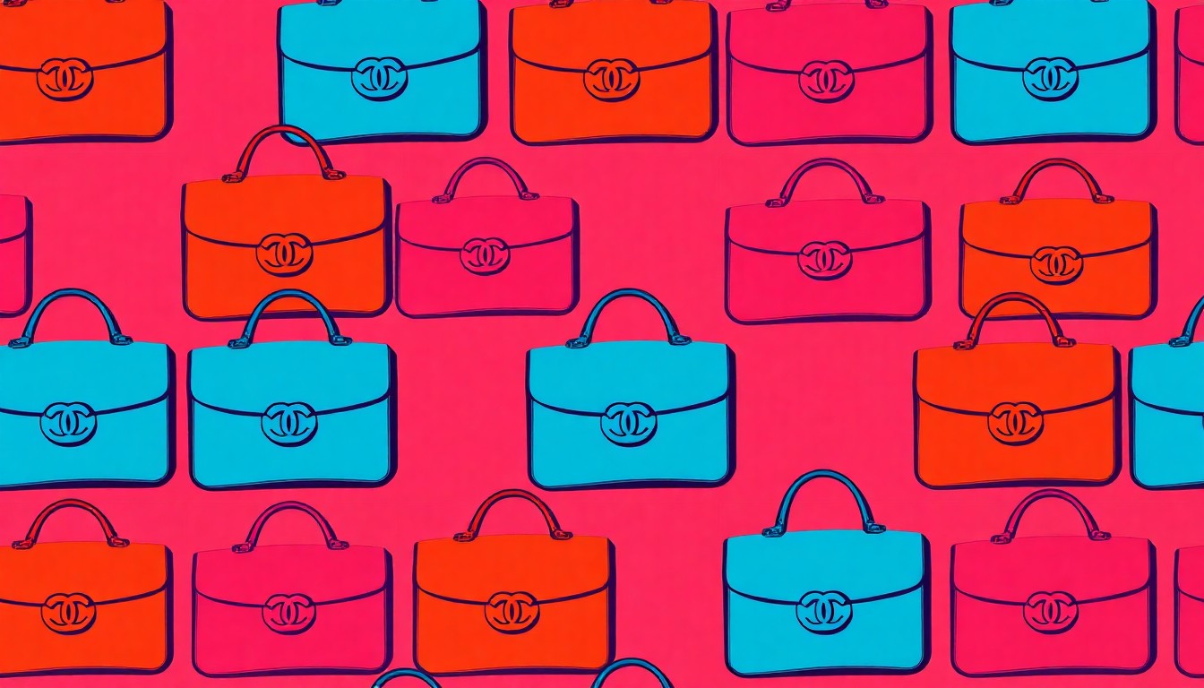 A bold, colorful silkscreen illustration featuring a repeating grid of a single luxury fashion accessory, such as a Chanel handbag or Celine sunglasses, rendered in a vibrant, high-contrast pop art style that captures the exclusivity and obsession surrounding these must-have items among the fashion elite.