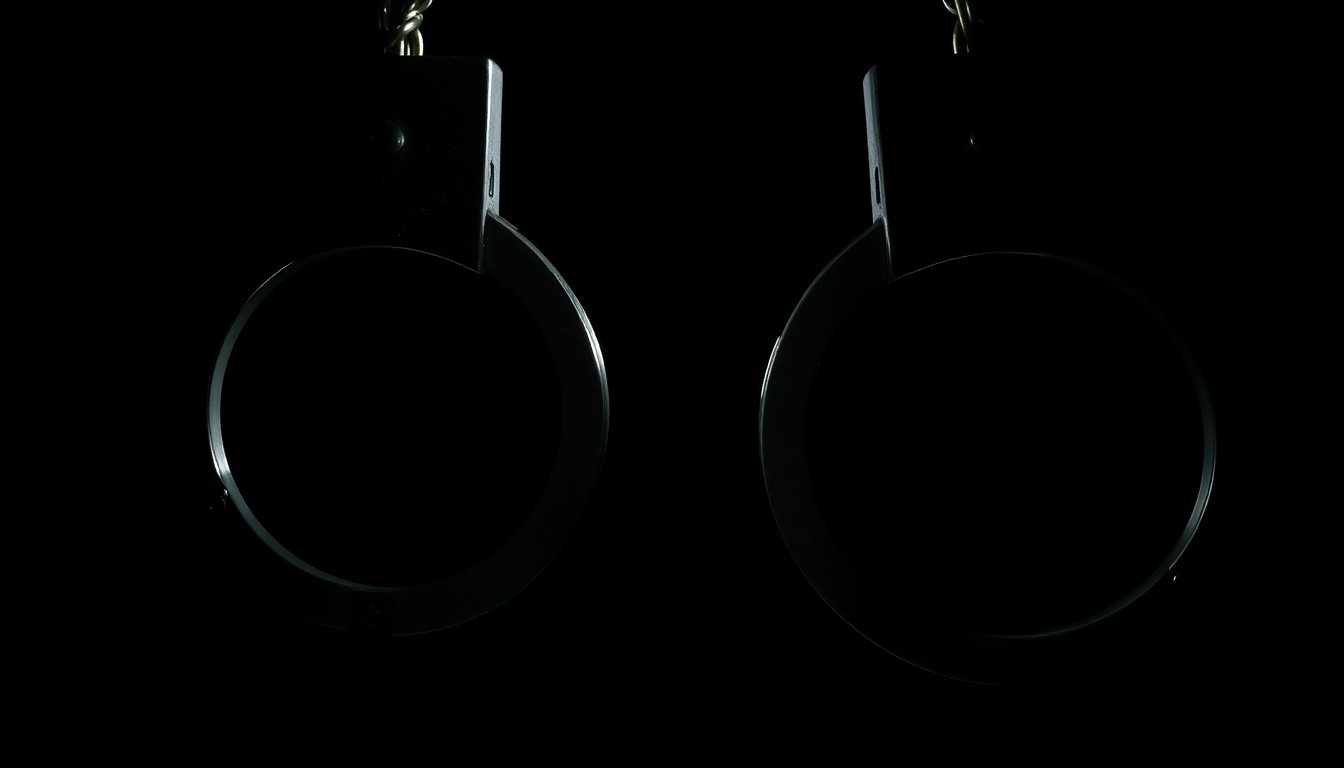 An extreme close-up photograph of metal handcuffs against a pitch-black background, creating a stark, gritty, investigative aesthetic through the use of harsh, direct flash lighting.
