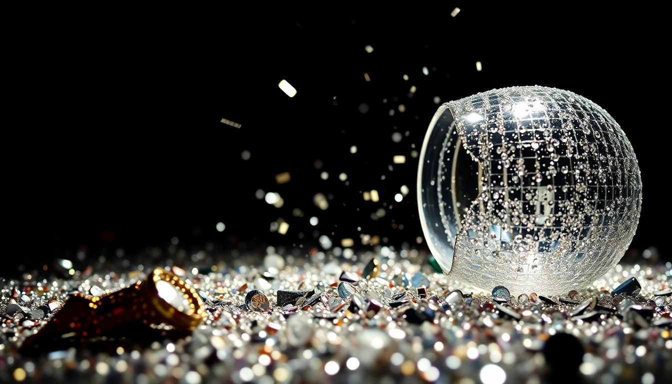 An abstract close-up photograph featuring a dramatic composition of glittering sequins and shattered glass, creating a high-contrast, glamorous visual metaphor for the entertainment industry.