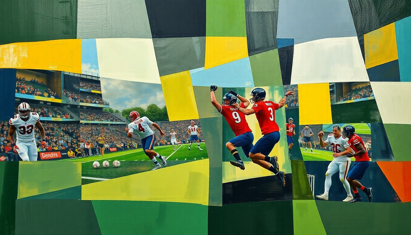 A cubist-style painting depicting a football game or match, with the players and field broken down into sharp, overlapping geometric shapes and planes in a variety of colors, creating a dynamic and fragmented visual representation of the action.