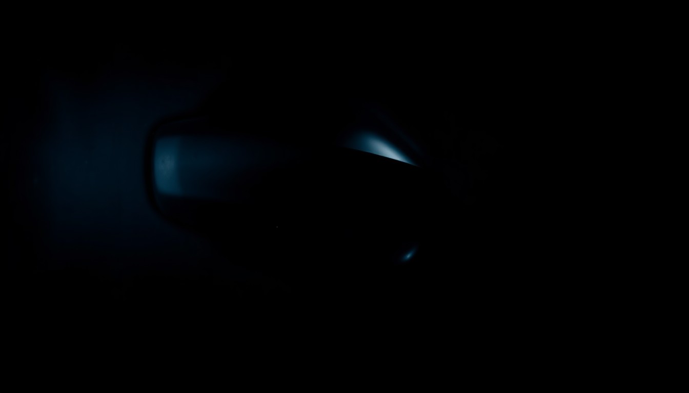 An extreme close-up photograph of a crumpled car door handle, lit by a harsh, direct camera flash against a pitch-black background, conveying the stark, gritty aftermath of a tragic accident.