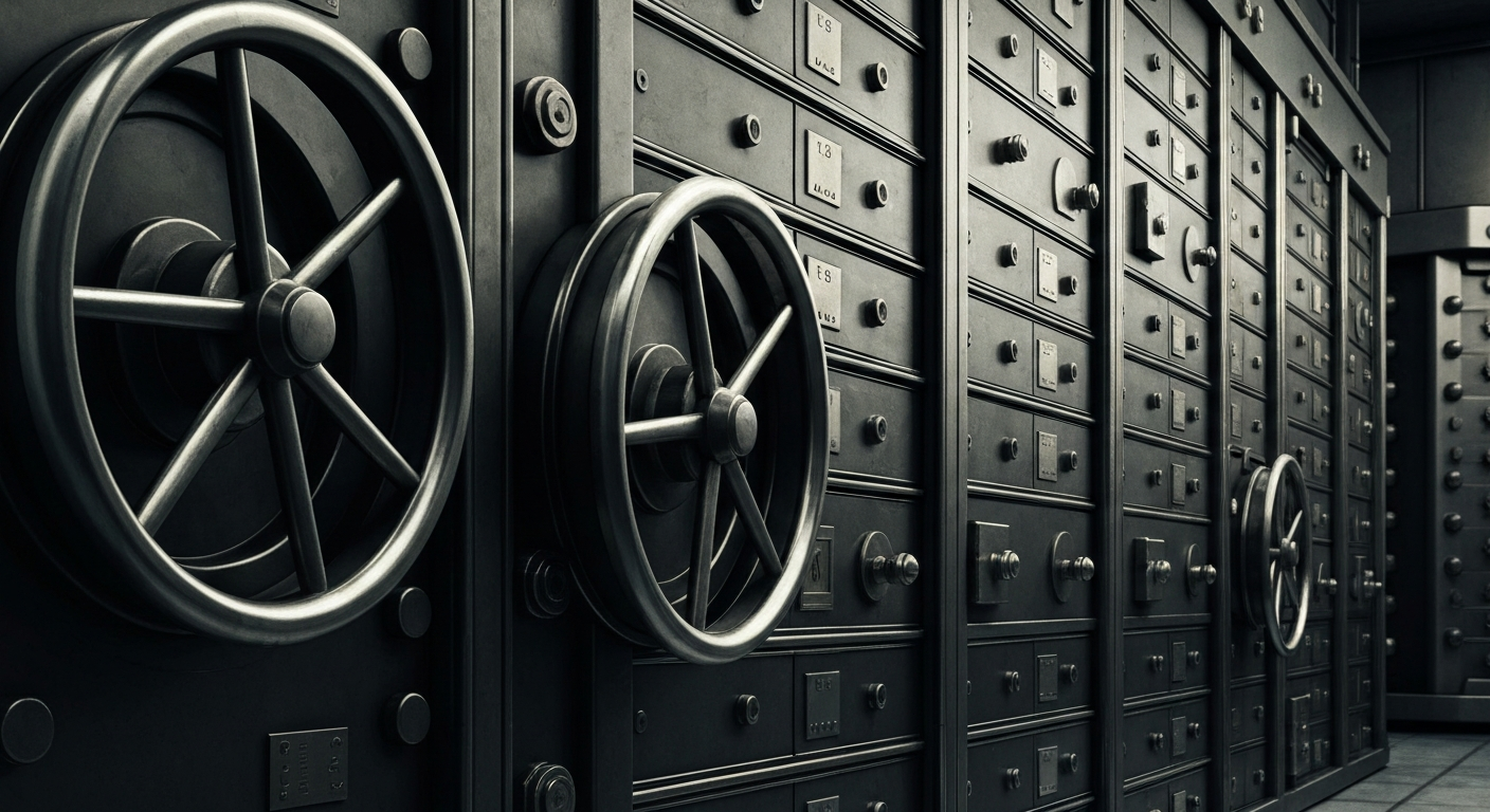 A close-up of heavy, industrial banking machinery and equipment, such as vault doors and safety deposit boxes, conveying the physical, tangible nature of financial security and wealth storage.