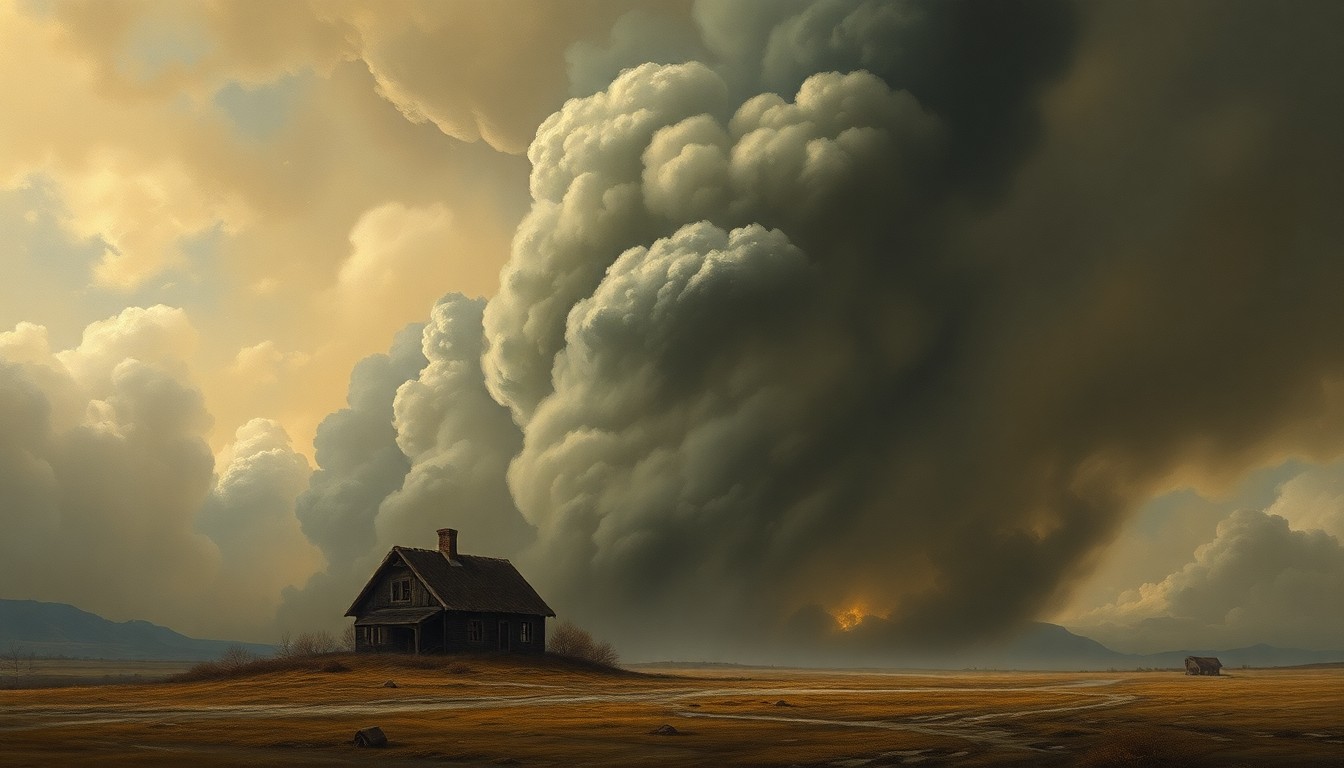 A sweeping, atmospheric landscape painting in muted tones of gray, blue, and brown, depicting a partially obscured, dilapidated house in the distance, surrounded by a thick, billowing cloud of smoke that dominates the scene, conveying the overwhelming power of the natural disaster.