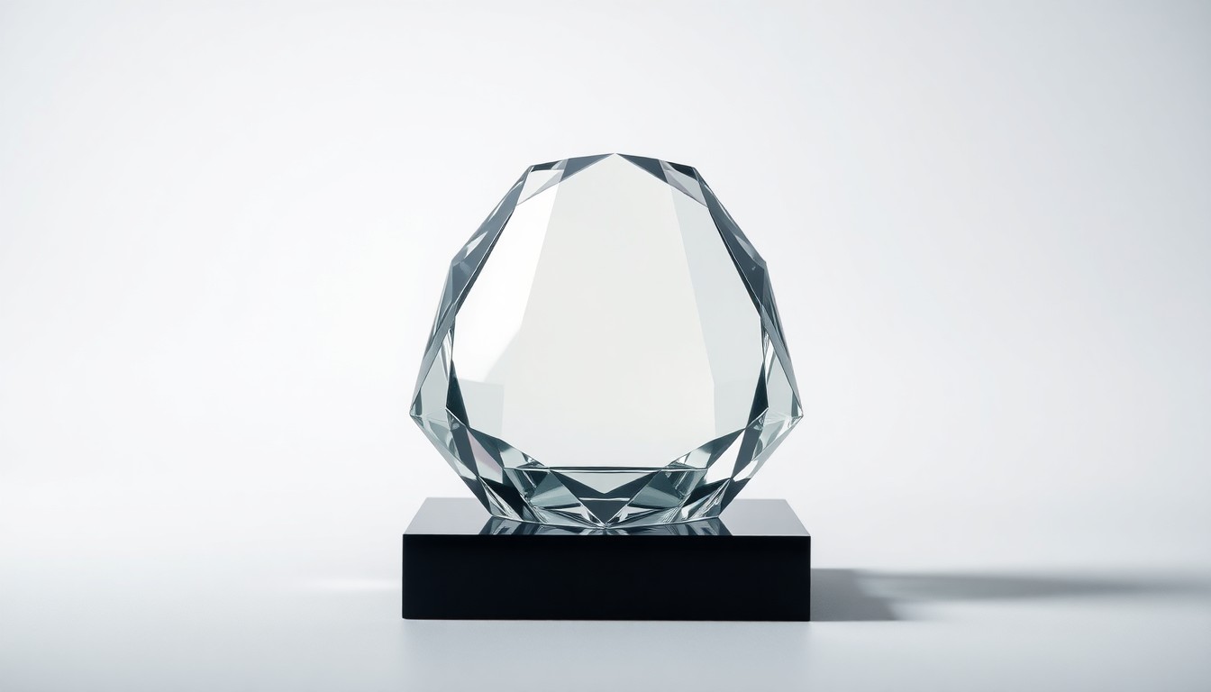 A highly reflective, geometric glass sculpture or paperweight resting on a plain white seamless background, conceptually representing the prestige and value of a commercial real estate investment transaction.