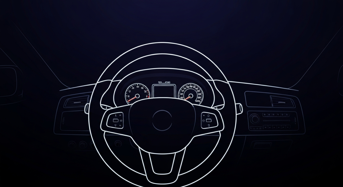 A glowing, vibrant neon outline of a car's steering wheel and dashboard against a dark background, conceptually illustrating how alcohol can affect driving skills.