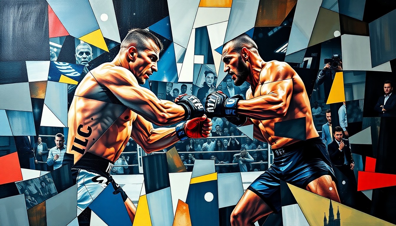 A cubist, fragmented painting depicting the action and movement of a UFC championship fight, with the fighters' forms broken down into sharp, overlapping geometric shapes and planes of color.