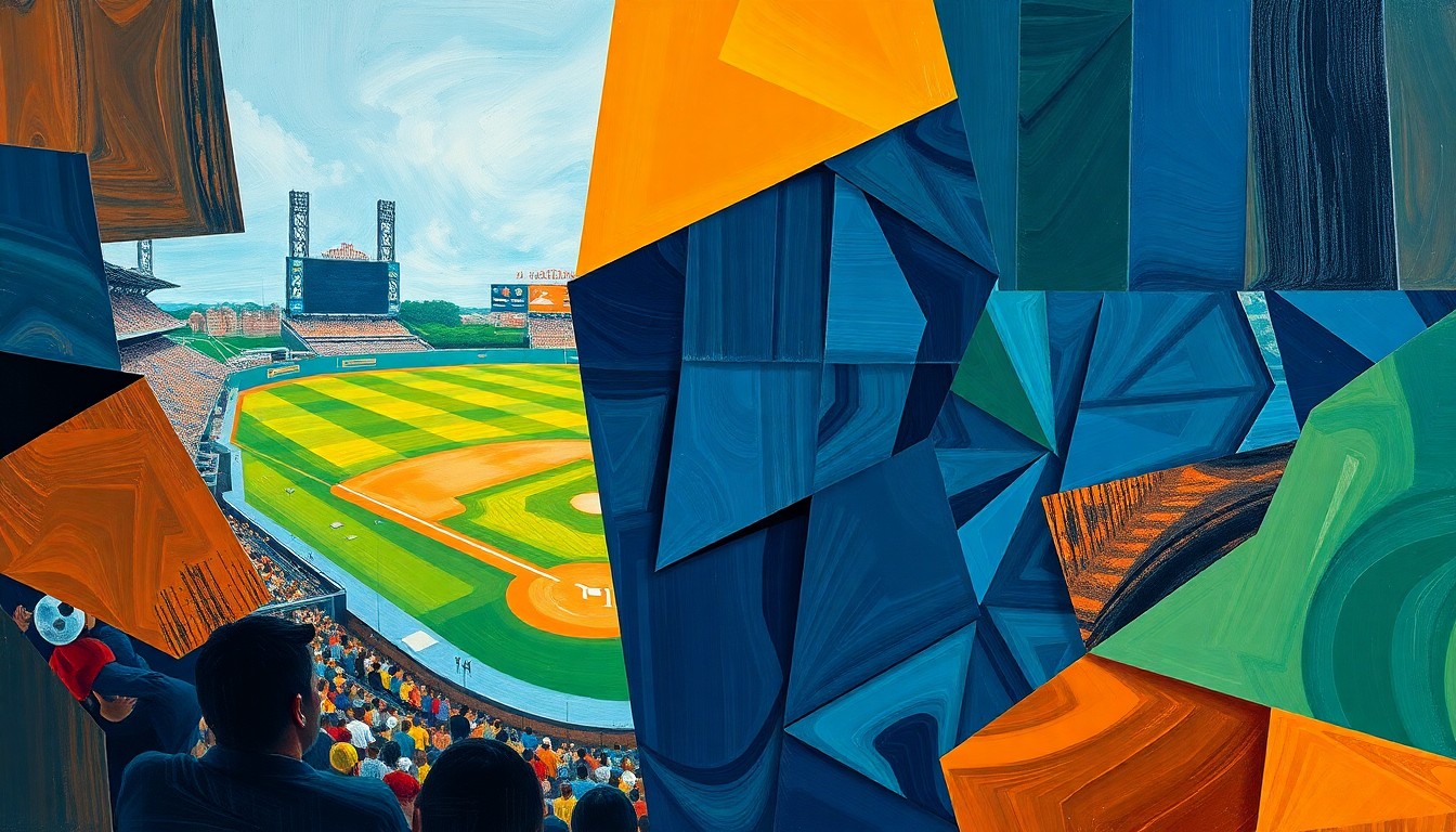 A fragmented, geometric painting depicting the dynamic movements and energy of a baseball game, with sharp planes of navy, green, and orange colors overlapping to create a sense of motion and intensity.