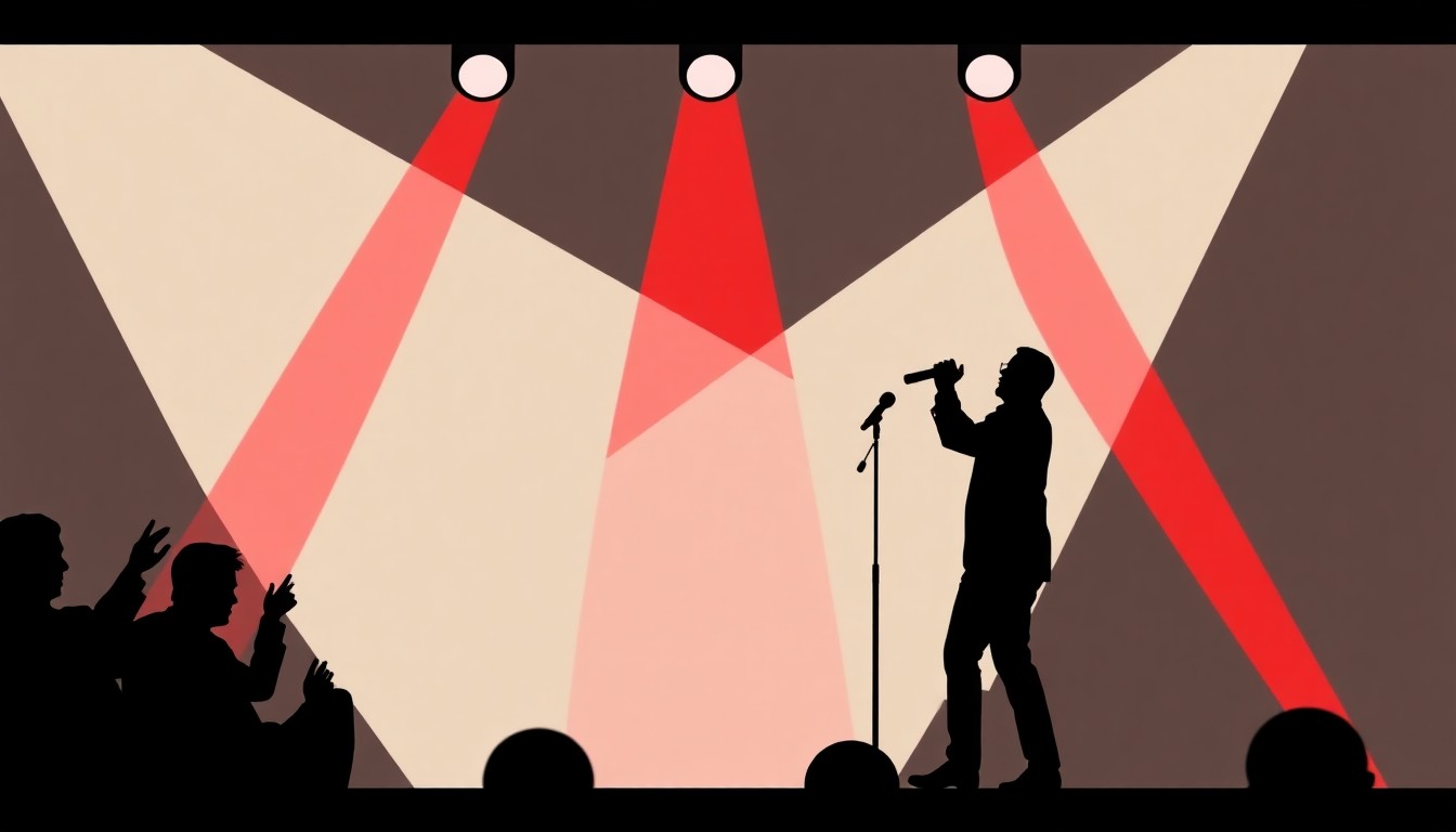 A striking black silhouette of a comedian performing on stage, with bold, angular shapes and a high-contrast red and white color scheme, conveying the dynamic energy of a live comedy performance.