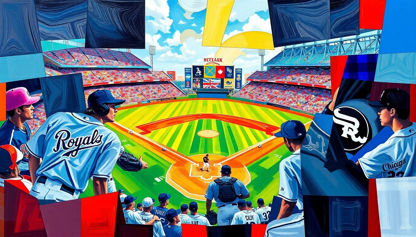 A cubist, geometric painting depicting a baseball game, with the players and field fragmented into overlapping planes of bright, clashing colors representing the uniforms of the Kansas City Royals and Chicago White Sox.