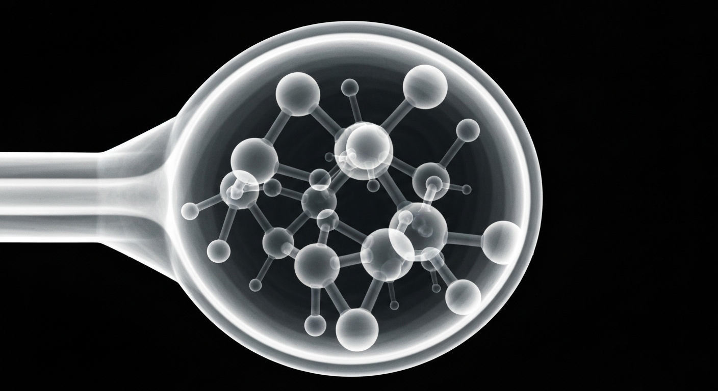 A highly detailed, translucent X-ray photograph of the internal molecular structure of a cough drop, appearing as a ghostly, glowing outline against a dark background, conceptually illustrating the safety issues that prompted a nationwide product recall.