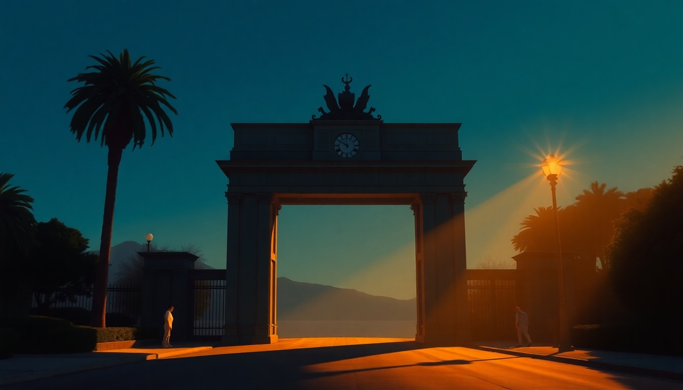 A serene, painterly depiction of the Presidio Gate in San Francisco, with the iconic arch framed by warm sunlight and deep shadows, conveying a sense of nostalgia and uncertainty about the park's future.