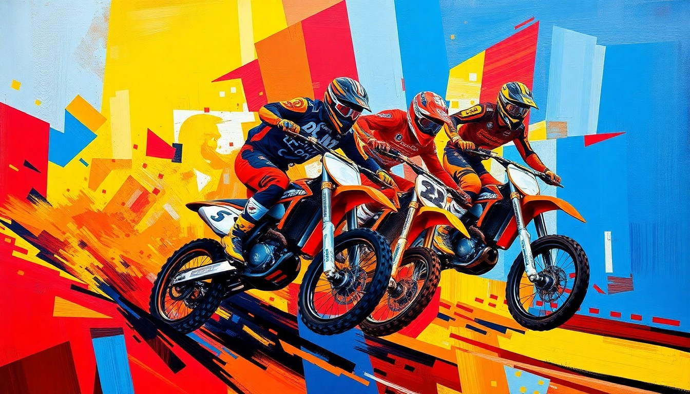 A cubist, geometric painting depicting the chaotic motion and energy of a Supercross race, with sharp planes of color and overlapping shapes representing the competitive action on the track.