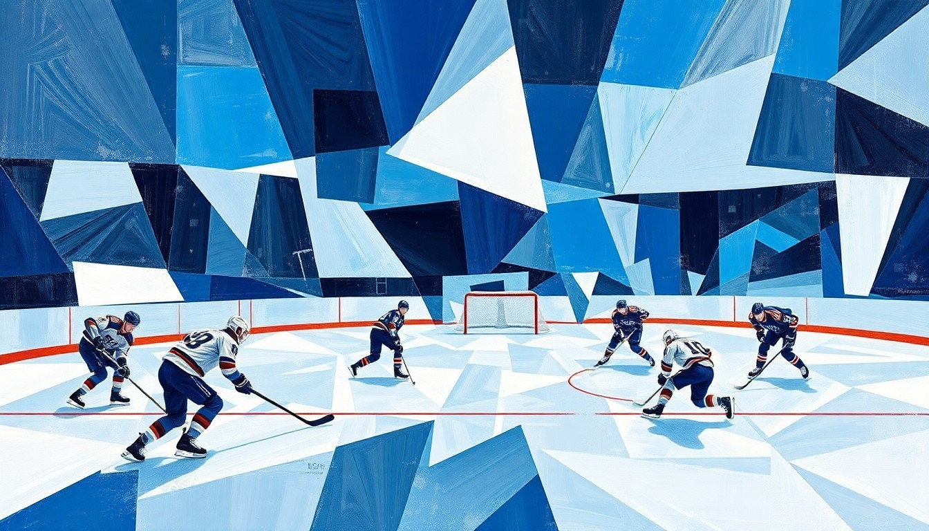 A fractured, cubist-style painting depicting a hockey game, with the players and ice reduced to sharp, overlapping geometric forms in shades of blue, white, and silver, conveying the abstract and disruptive nature of roster changes in college sports.