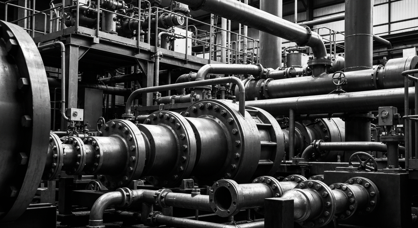 A high-contrast, black and white close-up photograph of the gears, pipes, and heavy metal components that make up the industrial machinery used in A.O. Smith's water treatment and heating manufacturing facilities, conveying a sense of the scale, complexity, and physical power of the company's production capabilities.