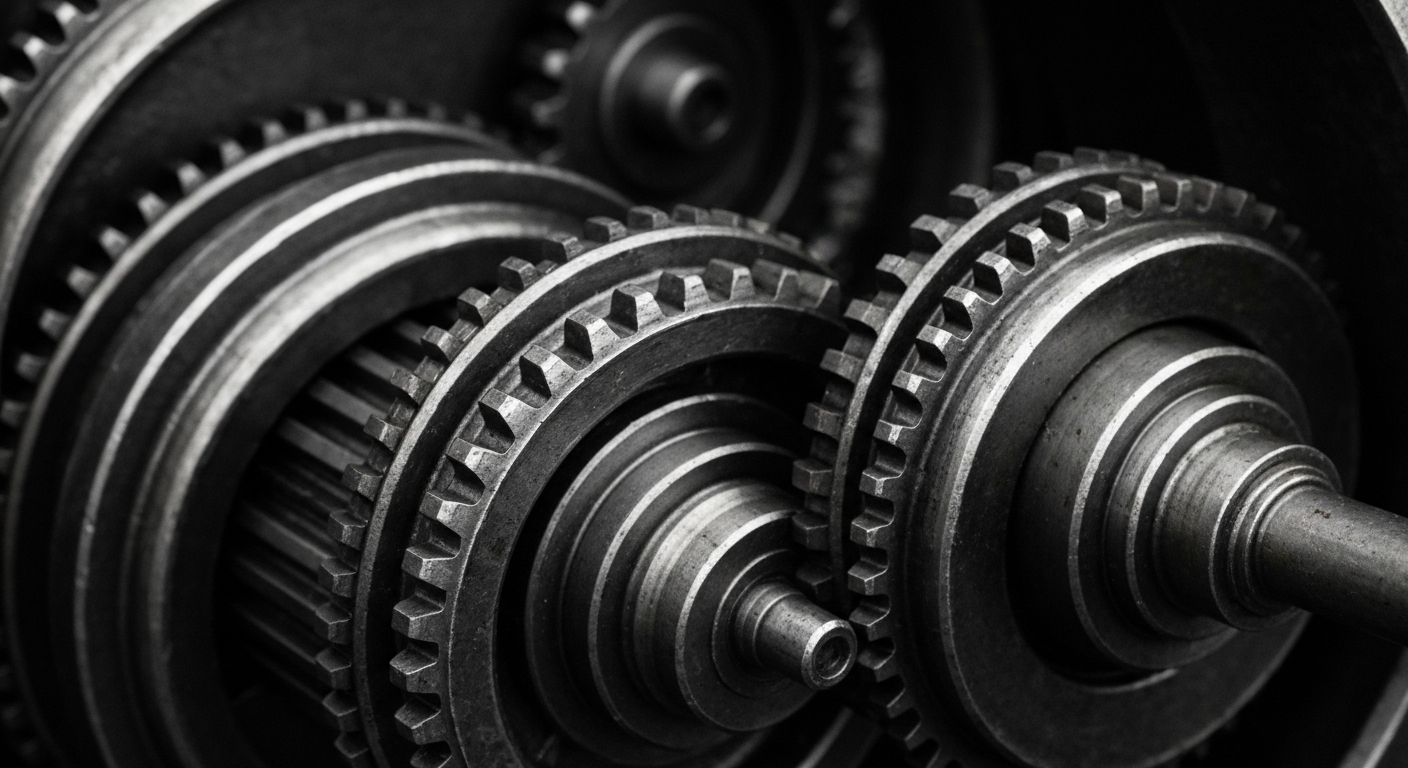 An extreme close-up of intricate, metallic banking machinery and equipment, conveying the complex, industrial nature of the financial sector.