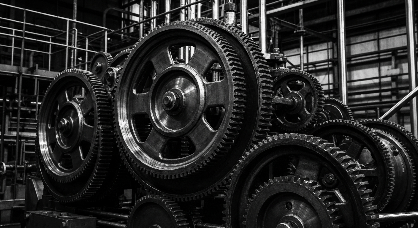 A high-contrast, cinematic close-up of the intricate machinery and gears that power a glass manufacturing plant, visually representing the institutional strength and financial security of the industry.