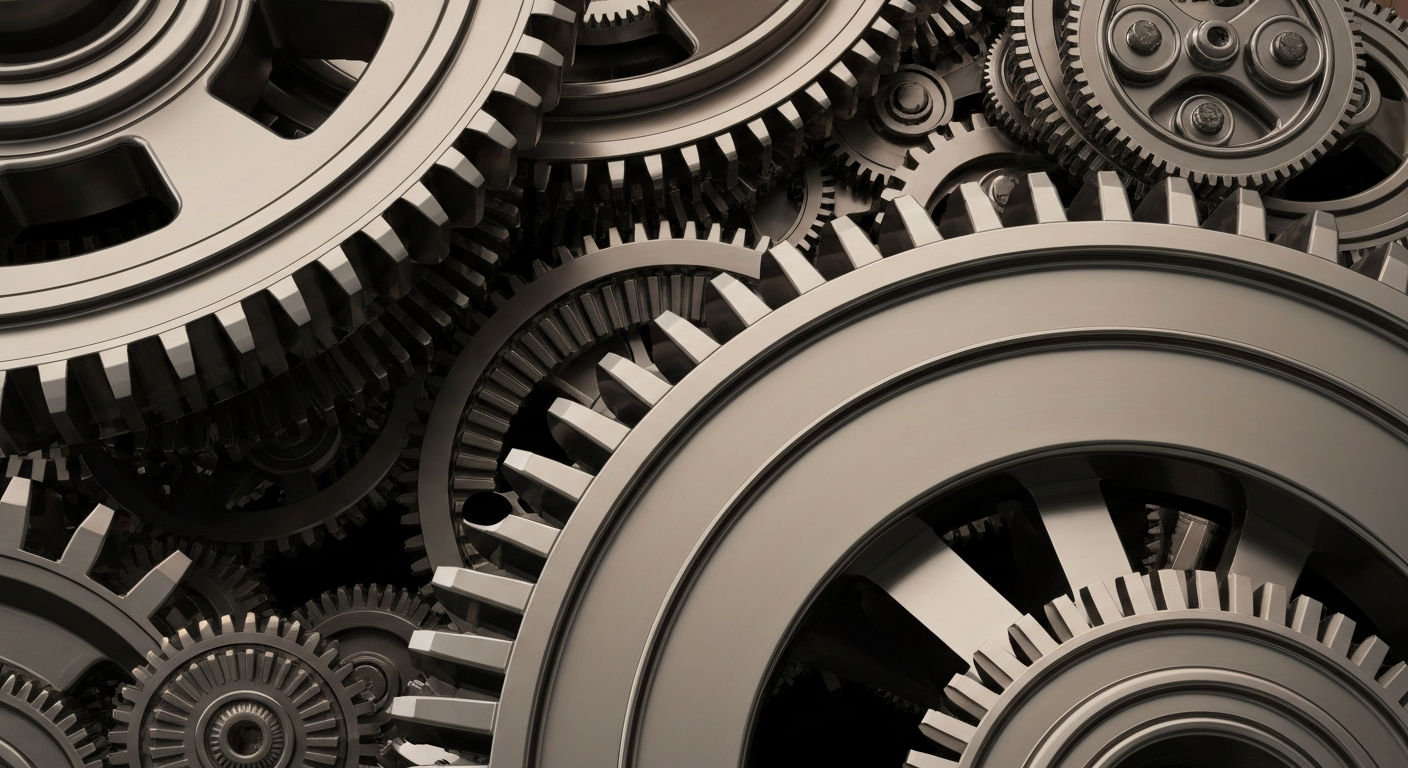 An extreme close-up of heavy, textured metal gears and machinery in shades of steel grey, bronze, and black, conveying the industrial might and financial security of the oil and gas industry.