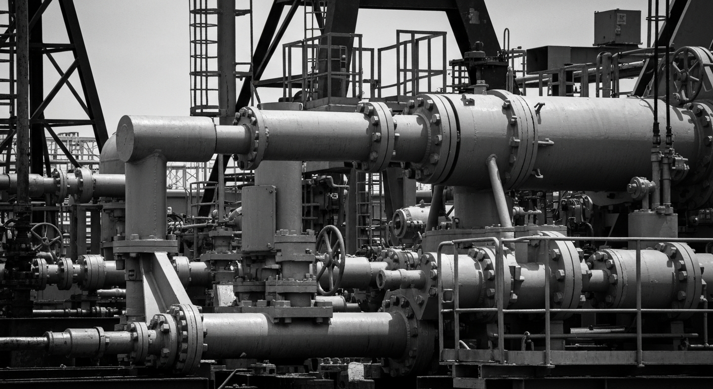A high-contrast, black and white close-up photograph of industrial oil and gas production equipment, conveying the physical scale and technical complexity of the energy industry.