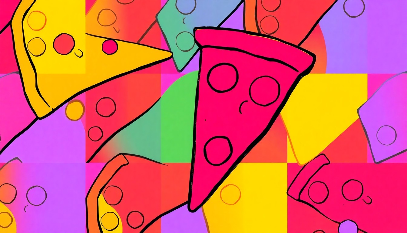 A brightly colored, high-contrast silkscreen print of a single, iconic pizza slice repeated in a tight grid pattern, conceptually representing the celebration of a woman's historic achievement in the male-dominated culinary field.