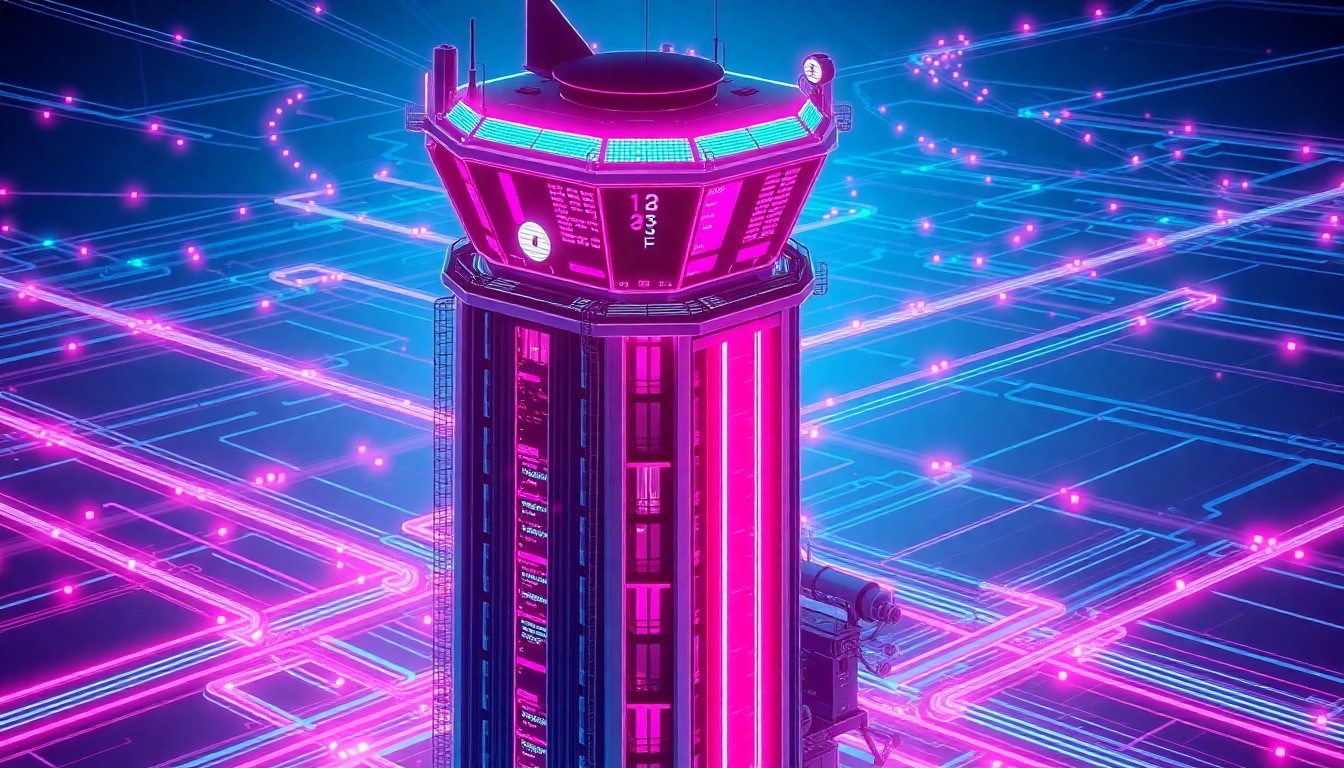 A highly detailed, glowing 3D illustration of a futuristic air traffic control tower, with neon cyan and magenta lights illuminating the intricate digital infrastructure. The tower is surrounded by a network of glowing fiber-optic cables, representing the complex systems that air traffic controllers must monitor and manage.