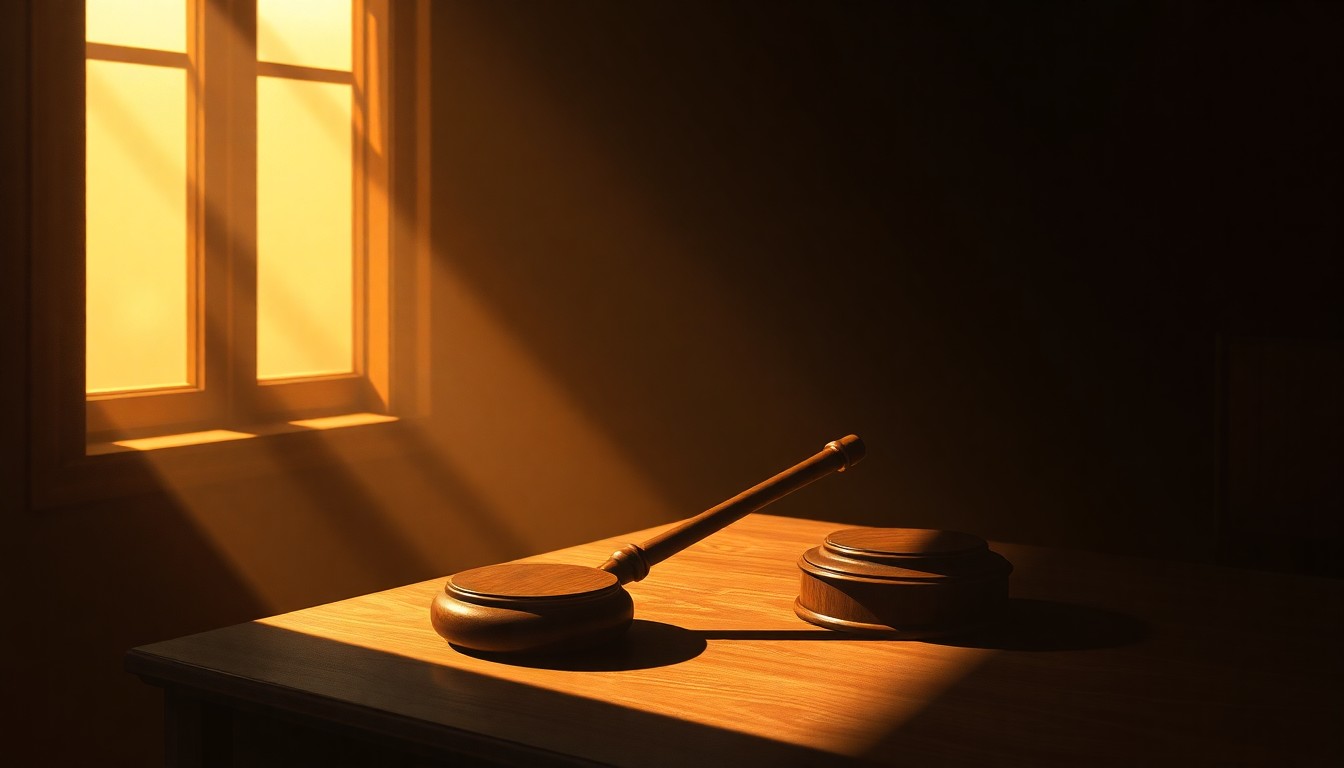 A close-up painting of a wooden gavel resting on a desk, with warm sunlight casting dramatic shadows across the scene, conveying a sense of judicial authority and finality.