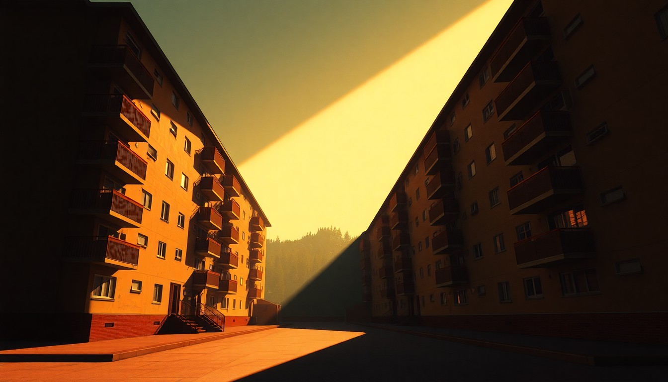 A serene, photorealistic painting of a multi-story apartment building in muted earth tones, with warm sunlight streaming through the windows and deep shadows cast across the facade, conveying a sense of quiet contemplation around the state's housing challenges.
