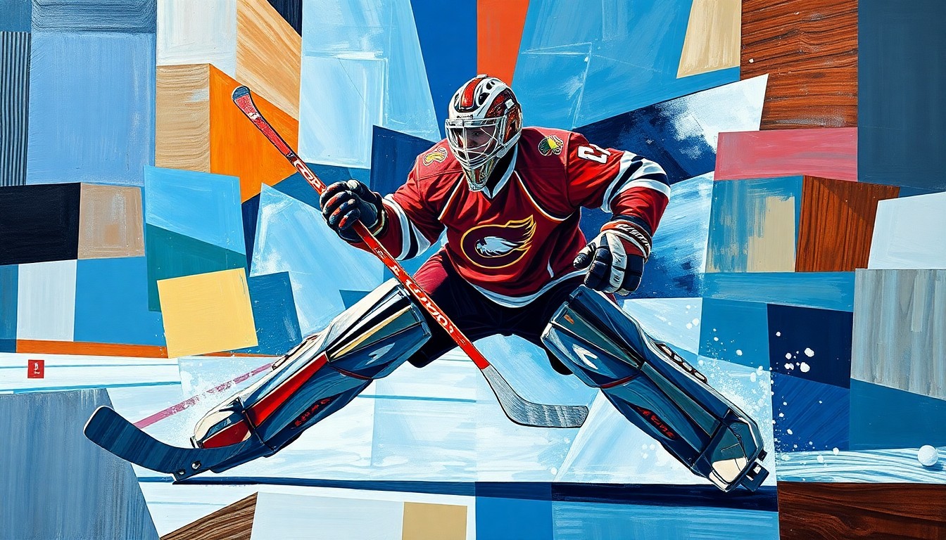 A fractured, geometric painting depicting the rapid movements and split-second reactions of a college hockey goaltender, conveying the sport's intensity and the critical role of the netminder.